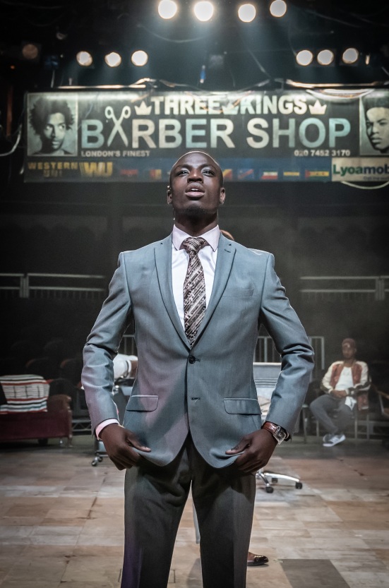 Ade Haastrup in Barber Shop Chronicles at the Roundhouse (c) Marc Brenner - Copy